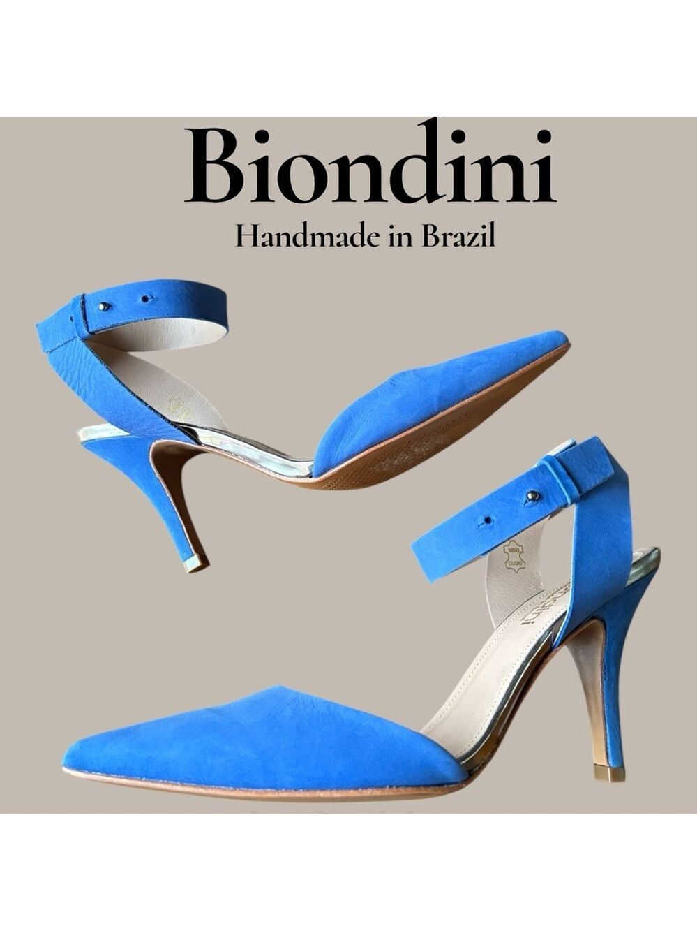 Biondini blue suede D'Orsay ankle strap heels. Handmade in Brazil. Size 9. NWOB